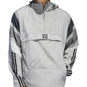 Adidas Gray Windbreaker with Hood and Striped Sleeves